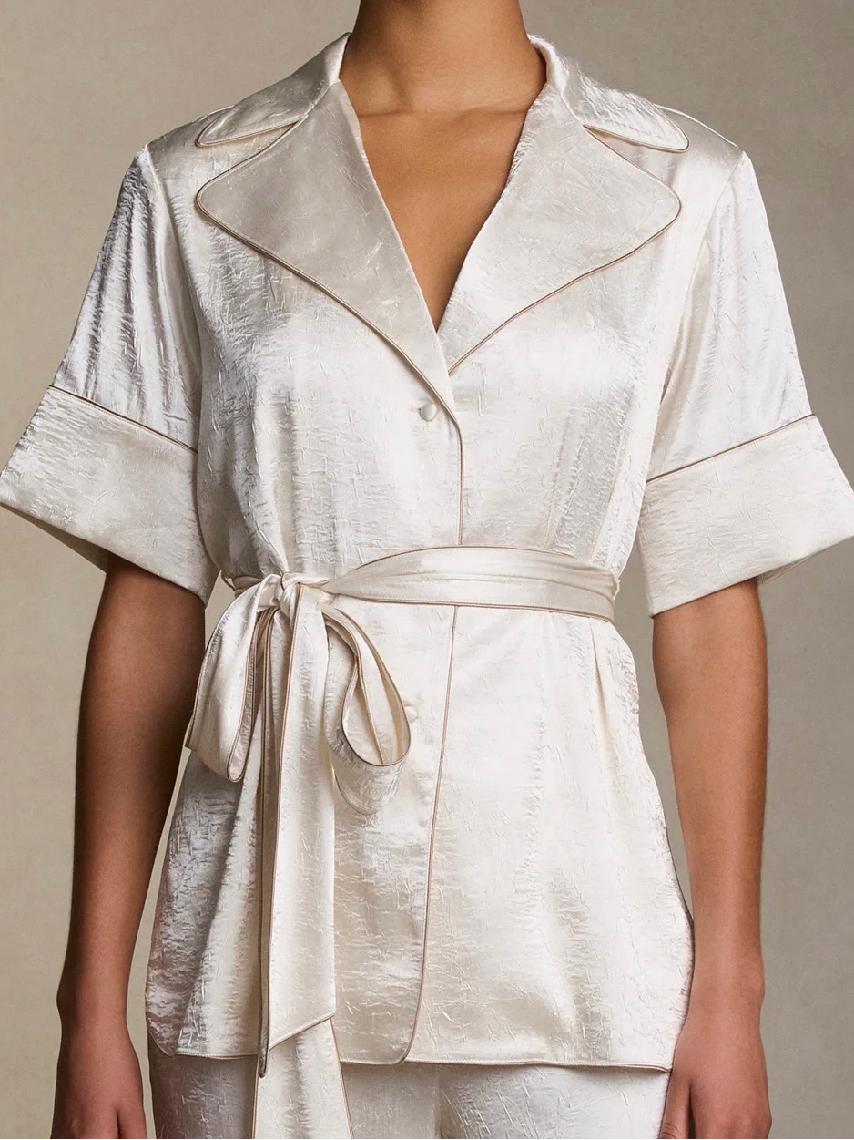 Danielle Frankel Ivory Lounge Set -Wrap Top With Self-Tie Belt & Shorts